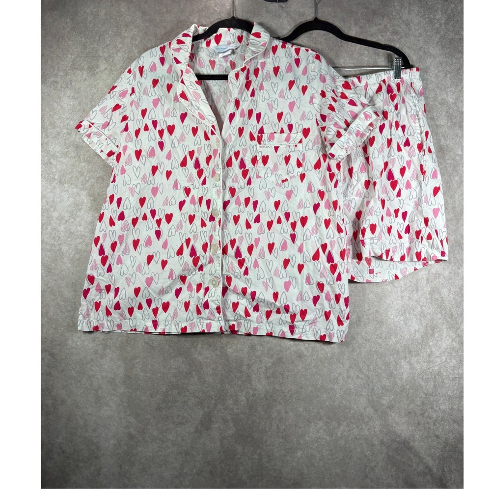 The Company Store Pajama Set Womens XL White Heart Print Cotton Short Sleeve PJs